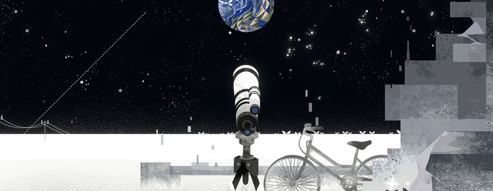 A wide screenshot from CIPHER ZERO. A telescope sits in a barren area, a greyed out bicycle nearby it, as well as squared off ruins. The sky is littered with stars as a star trail runs along the left hand side. In the center of the sky is the Earth, the telescope pointed at it.