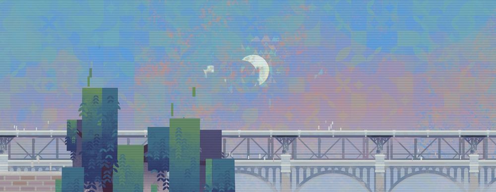 A cropped screenshot from CIPHER ZERO's Suburb's level, done in minimalist designs, soft colors, and paper-like textures. 

An elevated, covered train track runs across the bottom, a couple of squared off tree tops in front, various shades of green. The sky is a smattering of green, blue, pink, orange, and golds. A waxing moon is in the center of the sky, a geometric glitch haze around it.