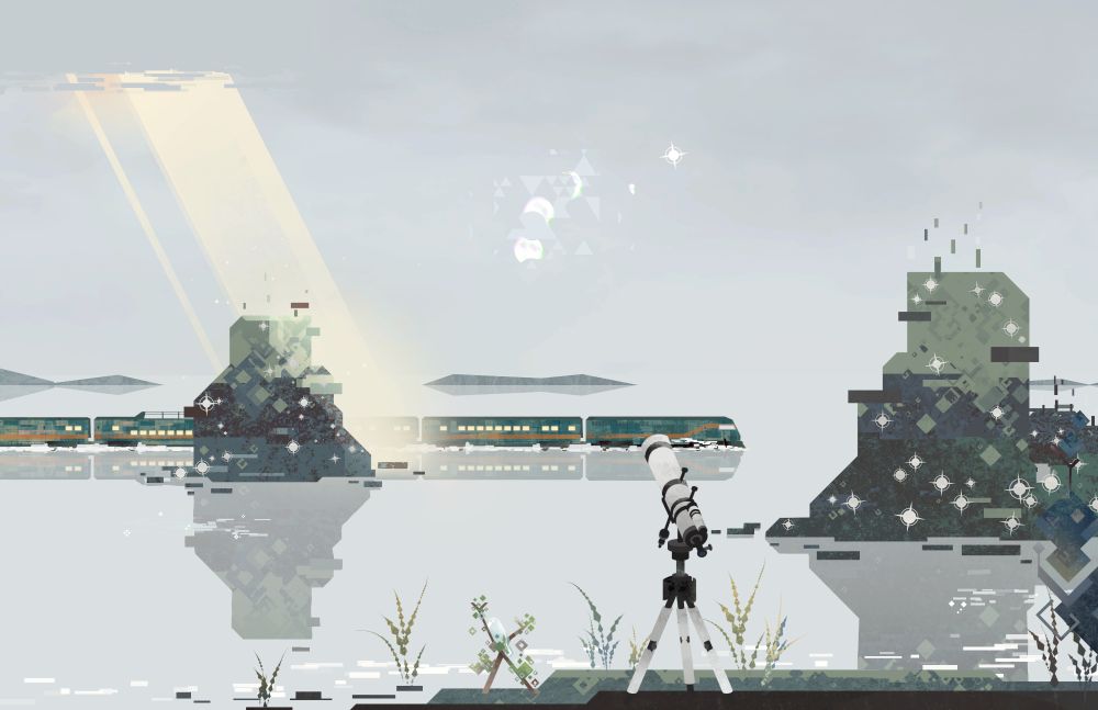 A screenshot of CIPHER ZERO's opening area, Lake, done in a minimalist design and colors. 

A grey and lonely lake, vague shapes of mountains in the distance, multiple phases of the moon is seen in the grey sky.. Rocks of hard edges jut out of the water's surface, as sunbeams cast themselves over one of the rocks. A green train races across the surface and continues on off screen. A telescope sits in the foreground, aimed out towards the open lake.
