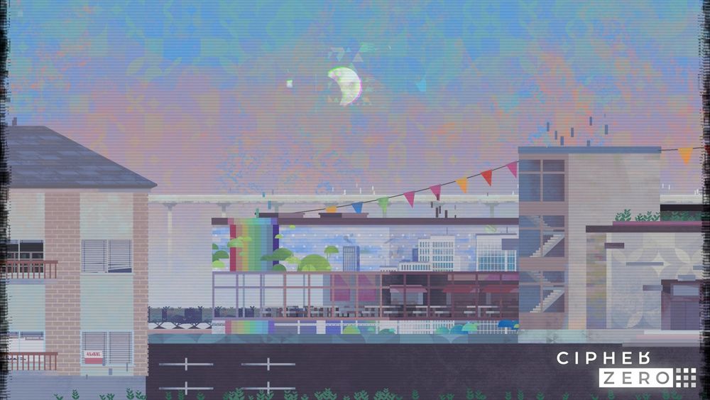 A screenshot of a school set in a suburb area. The school is decorated in a skyscrapper motif with a rainbow running down one side. The windows run a large length of this portion, showing an empty cafeteria inside. An open stairwell is seen to the right. An apartment building is seen on the left in the foreground with a parking lot next to it.

The moon hangs in the sky nearly full. 

The CIPHER ZERO logo sits in the corner in white.