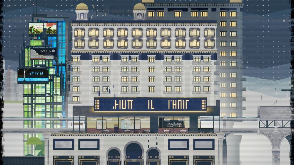 A screenshot from CIPHER ZERO's City level, done in a minimalist design.

A large apartment building sits center of the view, a large blue and faint orange sign with illegible text. Below that is an empty restaurant and bar. A covered train track runs behind it, as more skyscrapers are seen in the background with various billboards.