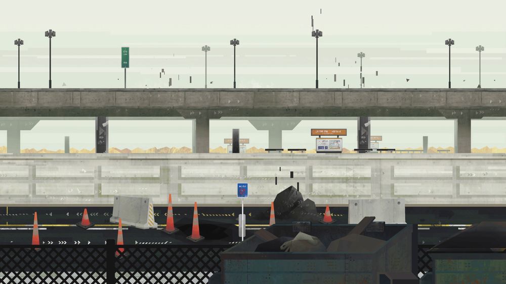 A screenshot from CIPHER ZERO of the Road section, done in minimalist colors and designs.

A road crosses the screen from left to right, open dumpsters in the foreground along a chain link fence. An elevated train platform can be seen behind the road, as well as an elevated highway, lined with street lights.
