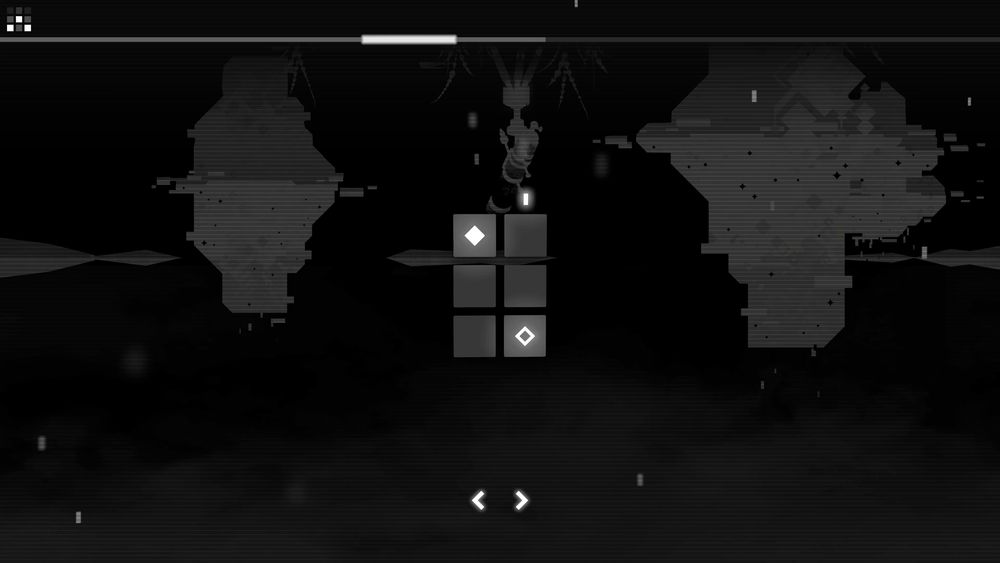 A screenshot from CIPHER ZERO, done in black and white with shades of grey.

A 2x3 square grid puzzle is shown, a filled in diamond in the upper left square, while an empty diamond is in the lower right. A single mark sits above the upper right square. In the background, the upside image of a lake is shown, squared off rocks jutting out of the water.