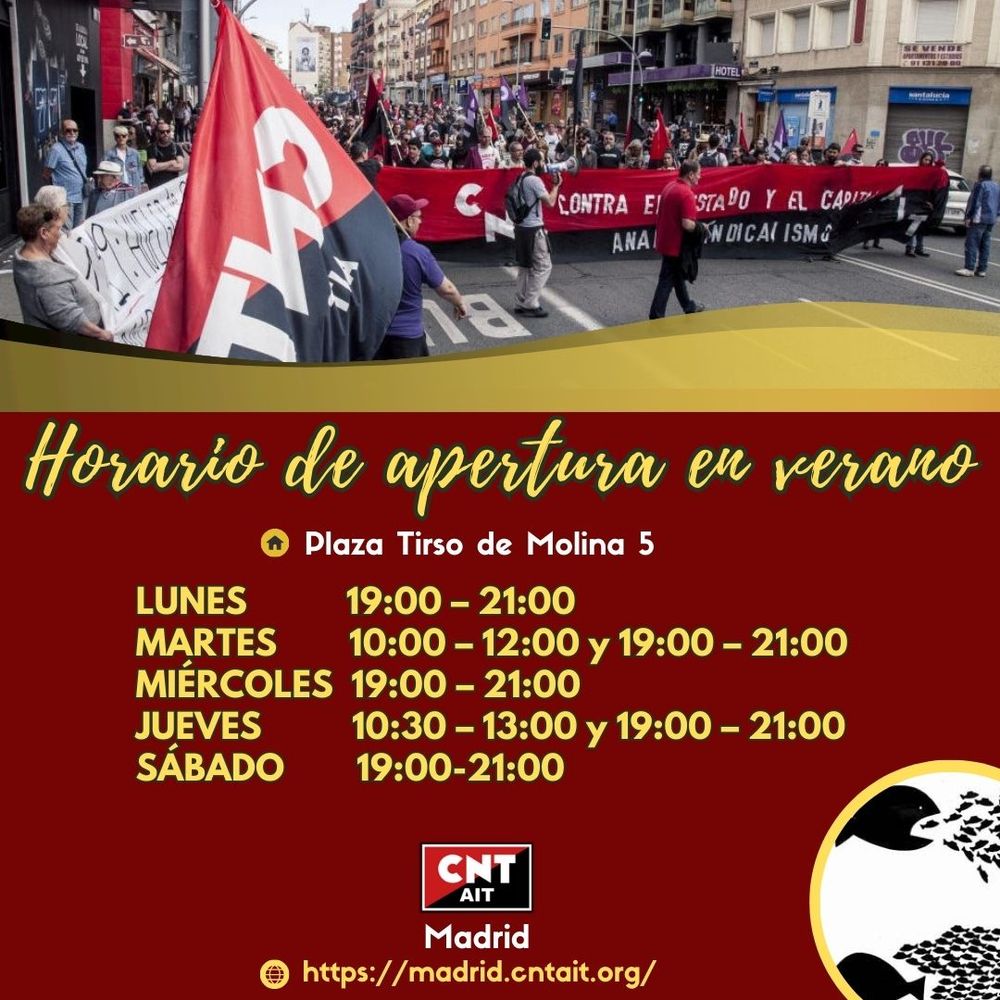 Cuadro con horarios de verano de CNT AIT Madrid