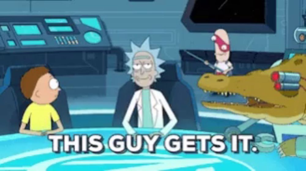 rick and morty are sitting at a table with a dinosaur in the background and the words this guy gets it