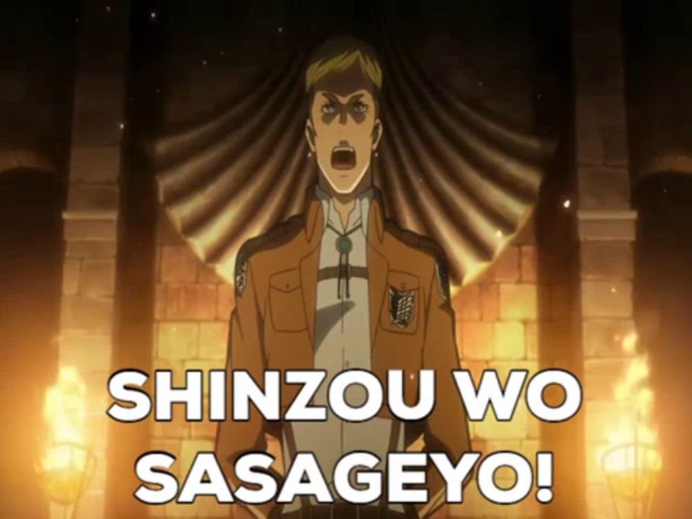 a cartoon character with the words shinzou wo sasageyo written on it