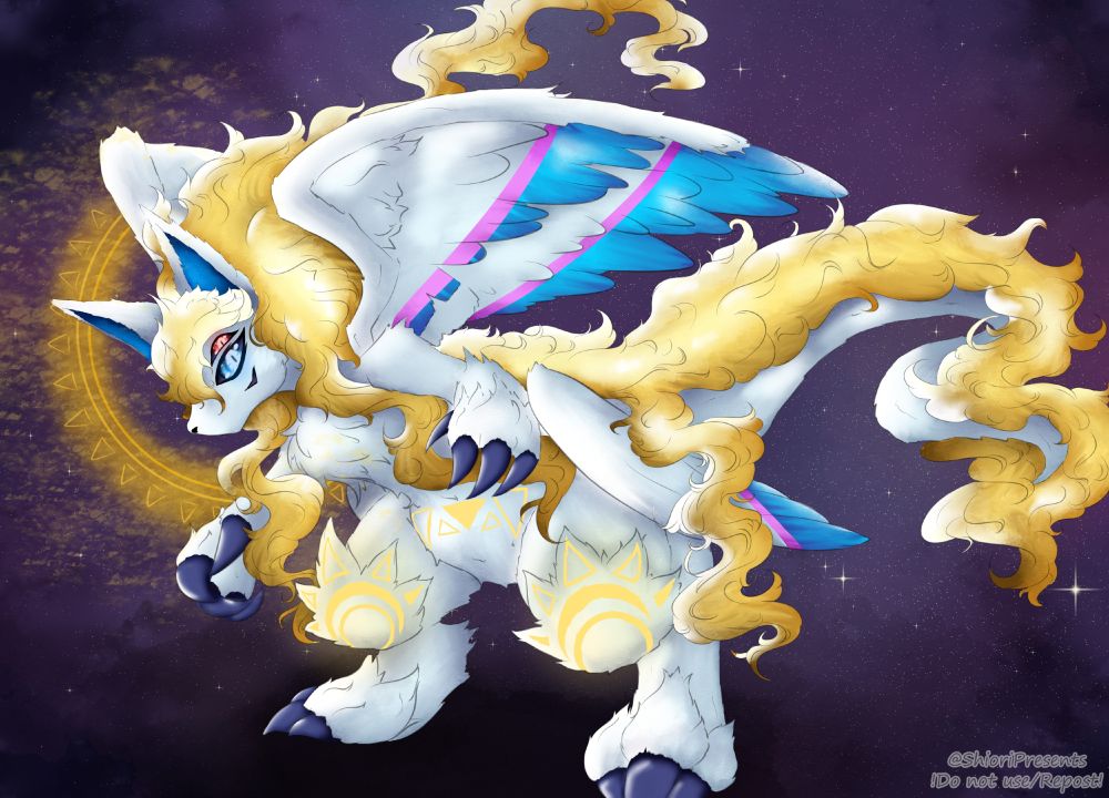 A white dragon-like canine creature standing still in a purple void. Behind them is a Yellow circle resembling the sun.
