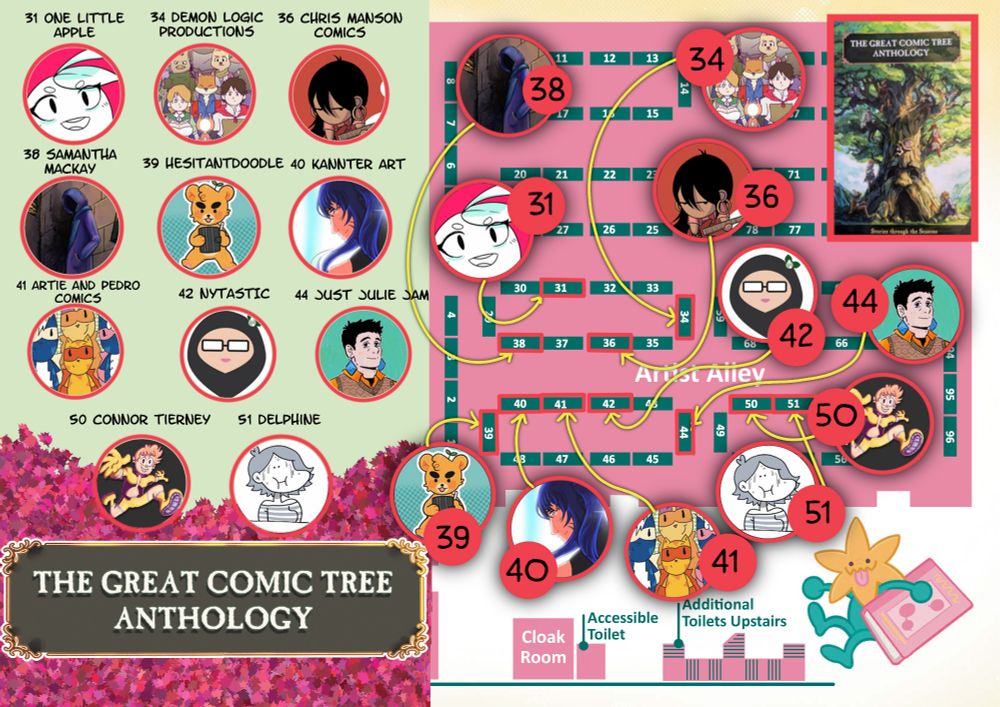 A map on how to find The Great Comic Tree Anthology artists at sqs