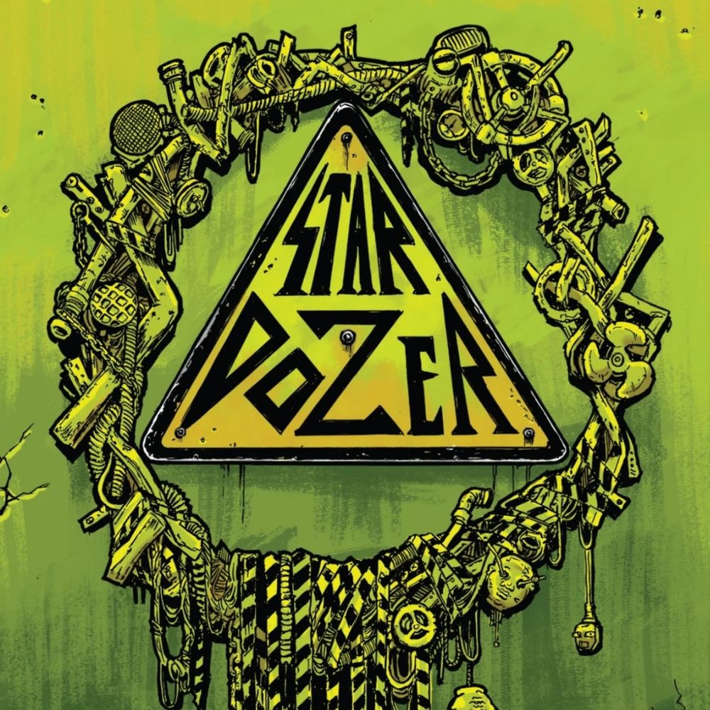 Drawing of a sign that reads 'Stardozer' with a green background and mechanical details surrounding it