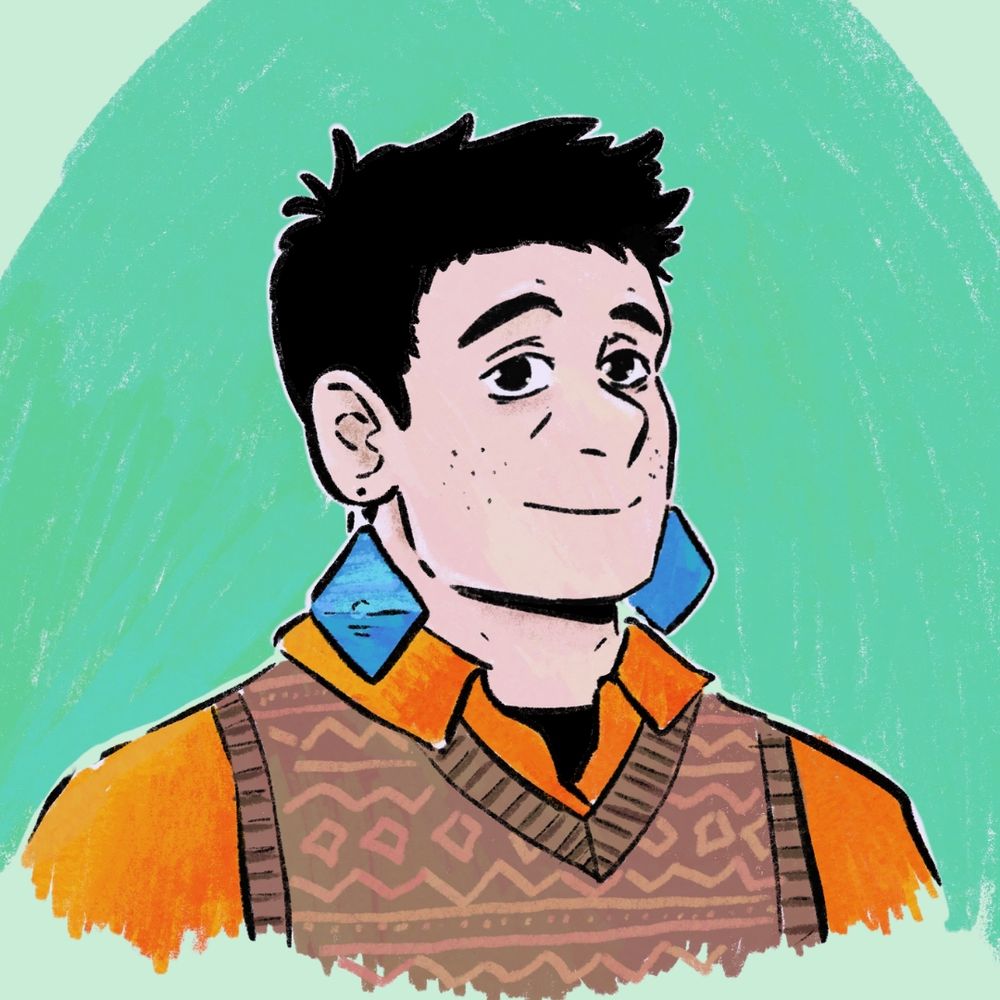 Ink stylized portrait of an artist with dark short hair and blue earrings 