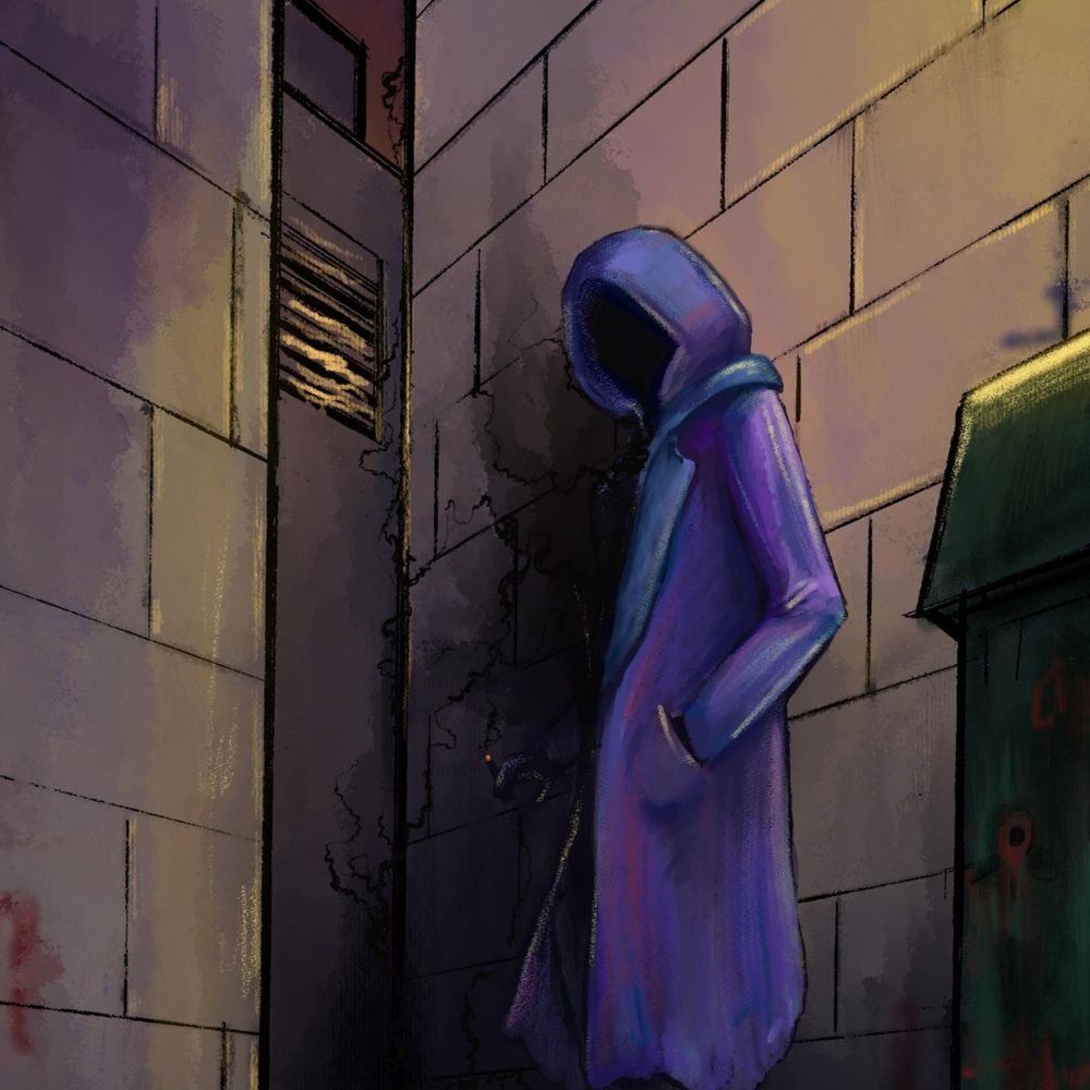 A character in a purple hood leaning against a wall, their face concealed in the shadows 