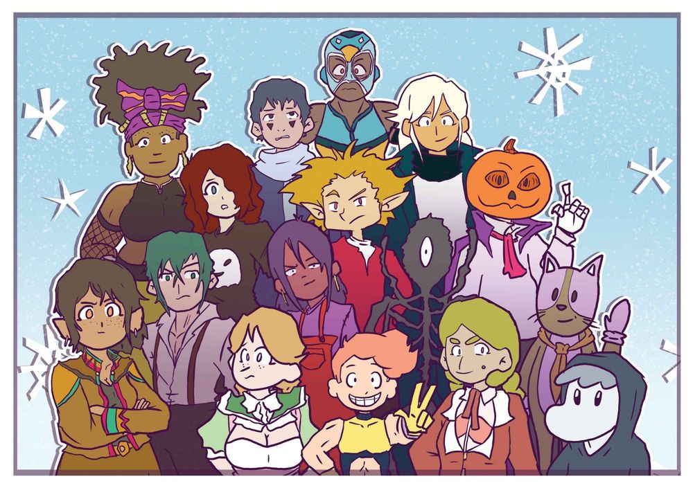 Group image of the characters belonging to our anthology collaborators against a snowy background 