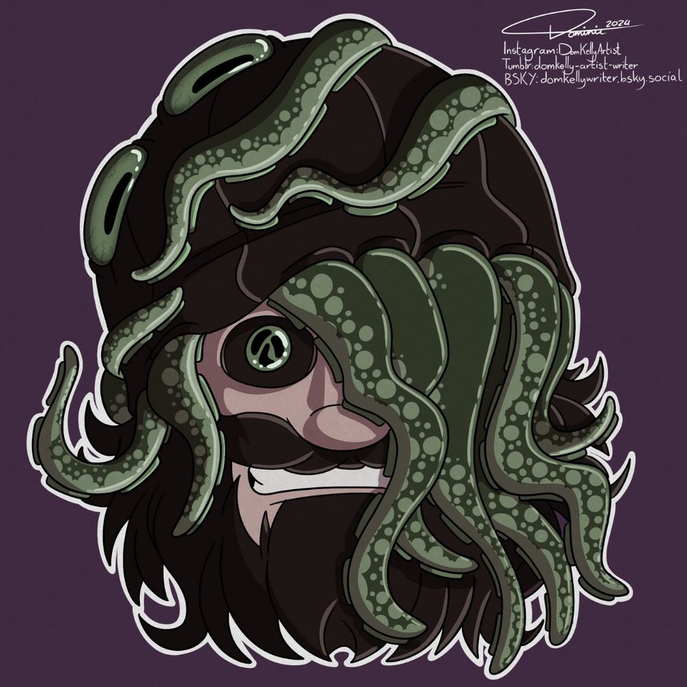 Artist self portrait with monster-like features and tentacles 
