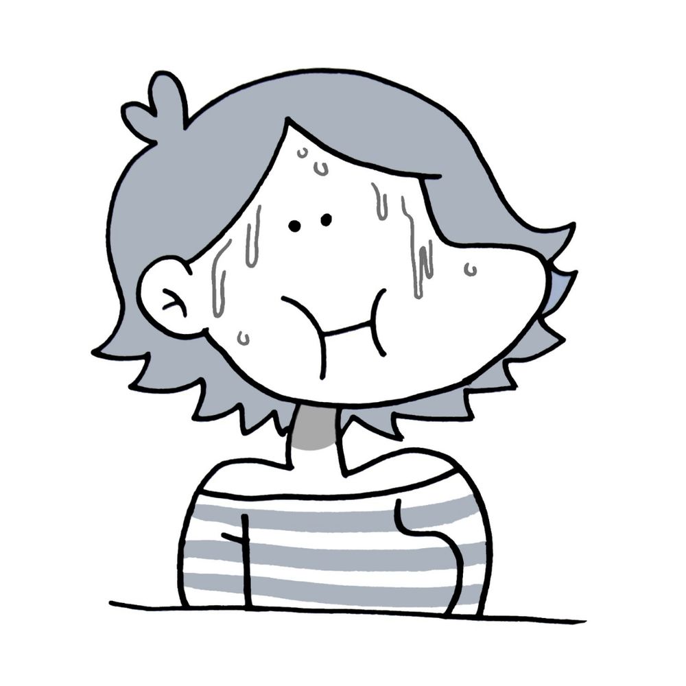 Ink cartoon portrait of the artist looking anxious and sweating 
