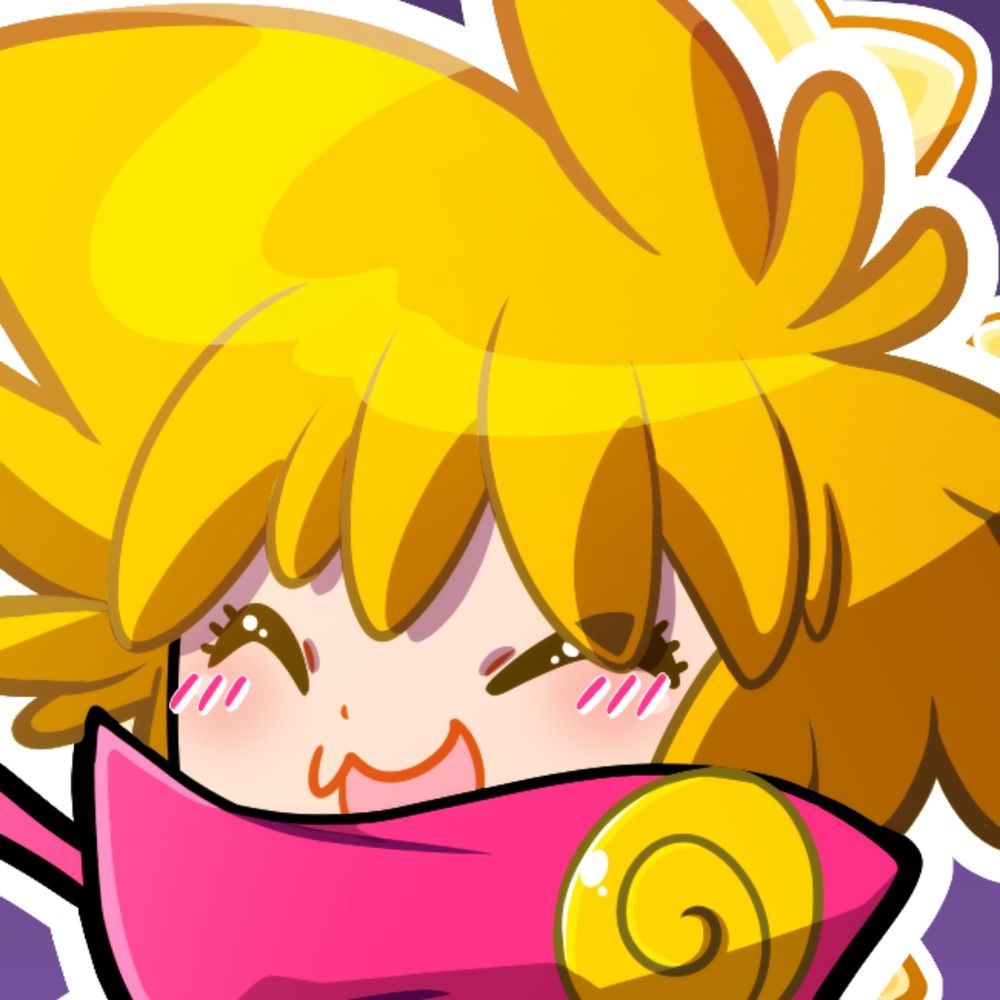 Portrait of a character with bright yellow hair, smiling and blushing 