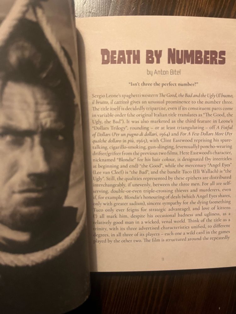 Title page of my booklet essay (“Death By Numbers”), with an image, page left, of Clint Eastwood’s Blondie in medium close-up, his face framed by a noose