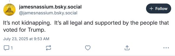 A Trump supporter voices his approval and support of Trump's immigration policy of kidnapping people and throwing them into concentration camps.