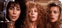 Cher, Susan Sarandon, and Michelle Pfeiffer as The Witches of Eastwick.