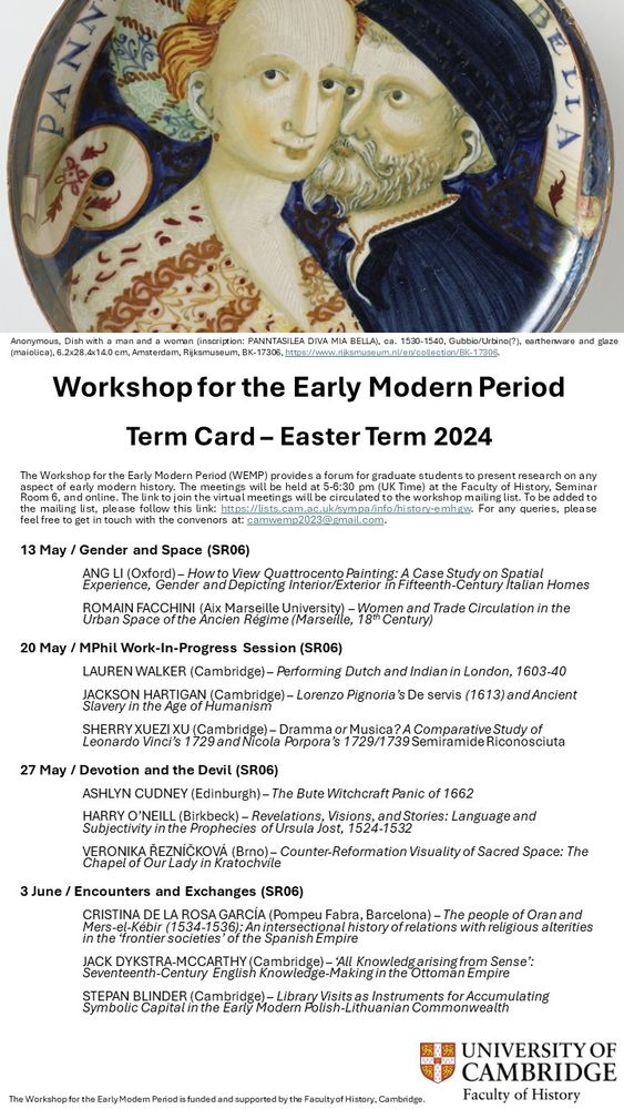 Easter Term 2024 Programme of the Cambridge Workshop for the Early Modern Period