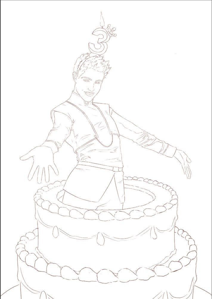 Line art of Leopold coming out of the cake