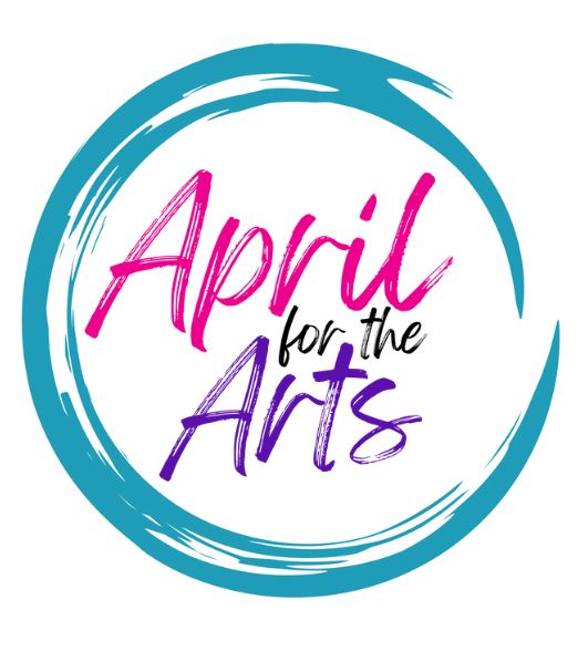 April for the Arts logo. A blue painted circle with a painted like font that reads "April for the Arts" in pink, purple, and black writing. 
