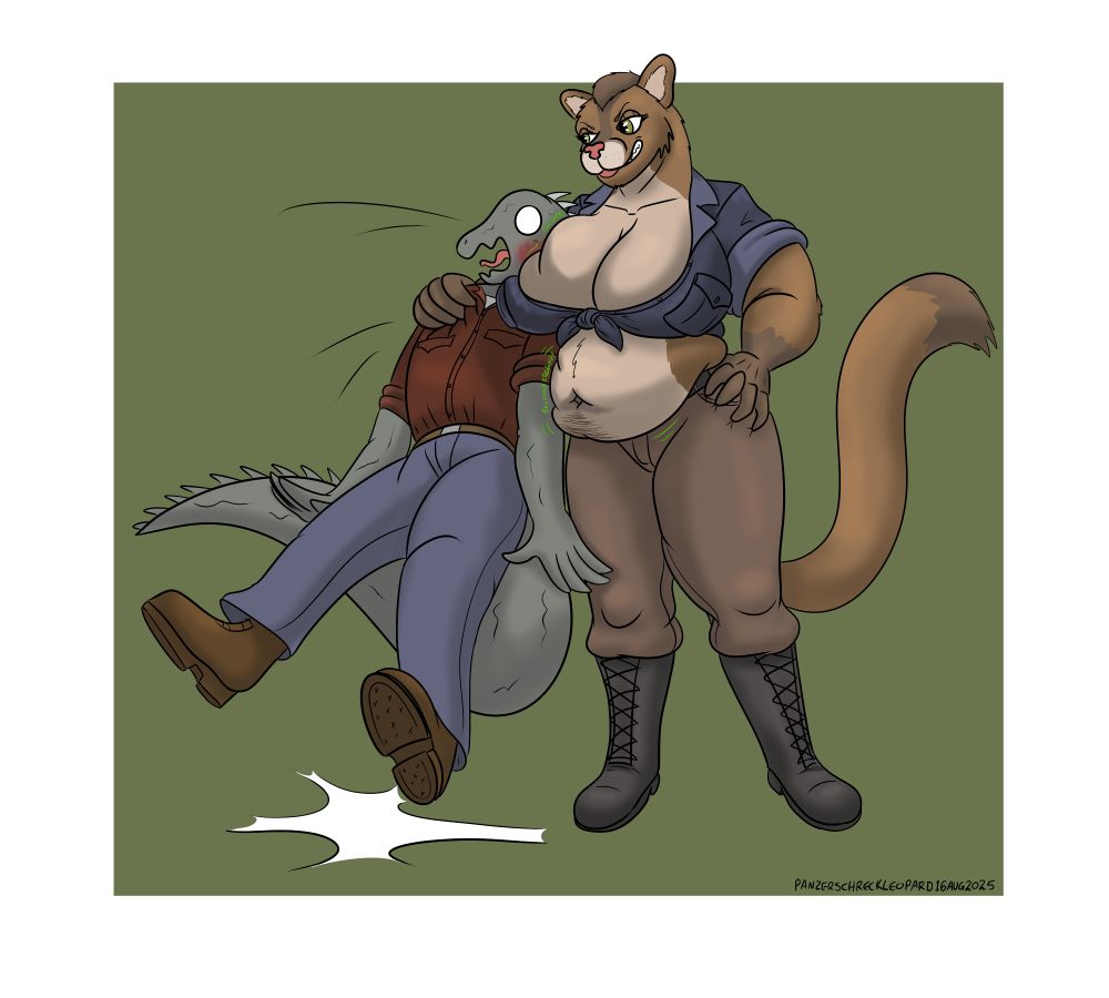 Same image as before, except the cougar is pulling the tuatara closer, squishing him into her breast and belly, whilst he yelps and blushes.