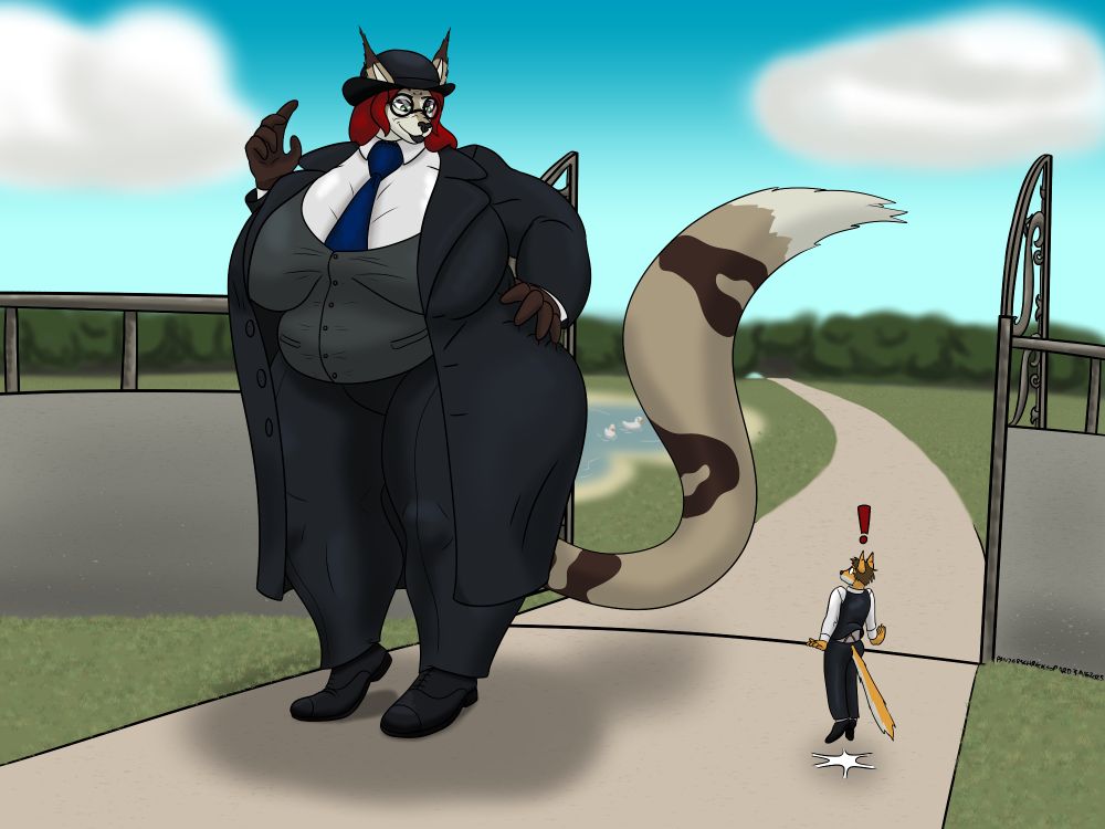 A normal sized fox jumps in surprise as he spots his new boss, a 20 foot tall lynx-like woman wearing a 3 piece suit, overcoat, and bowler hat. She has huge breasts and hips and a hefty belly too. She is waving at the fox.