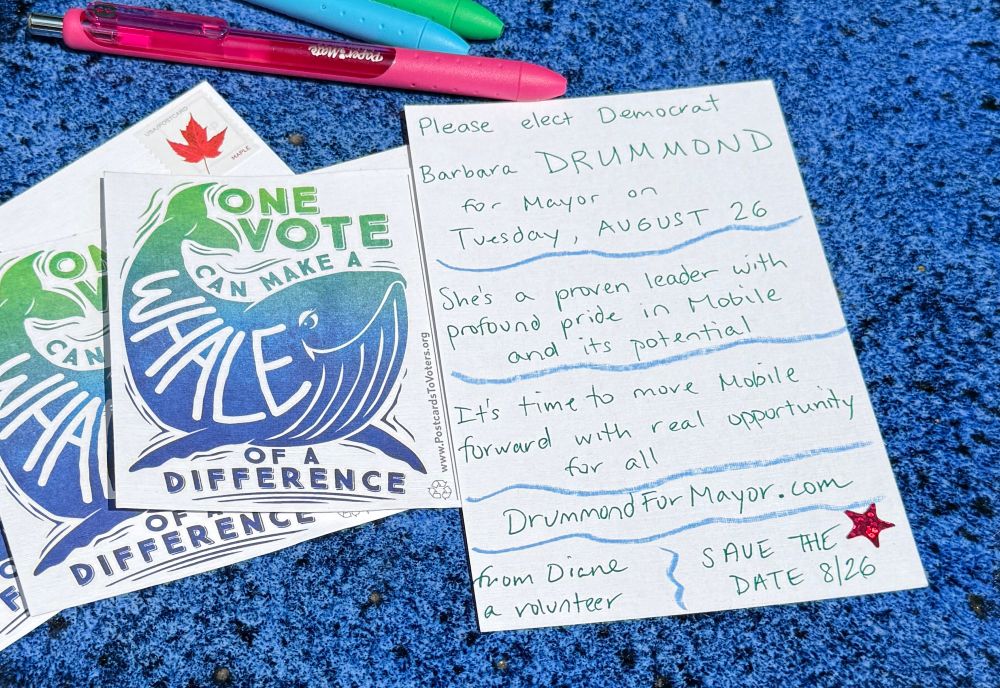 A handwritten postcard encouraging people to vote for Drummond 