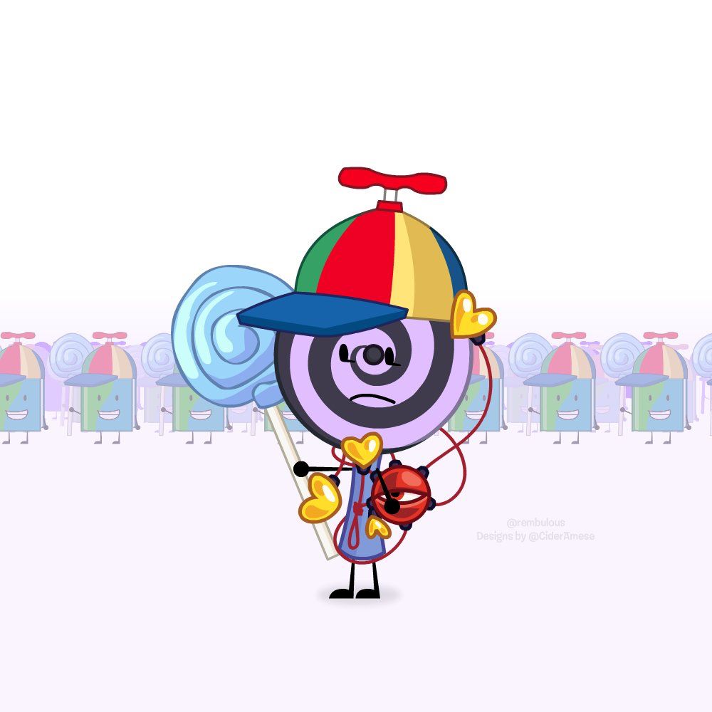 An image of Satori Komeiji in the Battle for Dream Island style wearing a propeller hat and holding a giant lollipop. There are a crowd of Book’s behind from the same series and attire. Satori’s design is by @CiderAmese on Twitter!