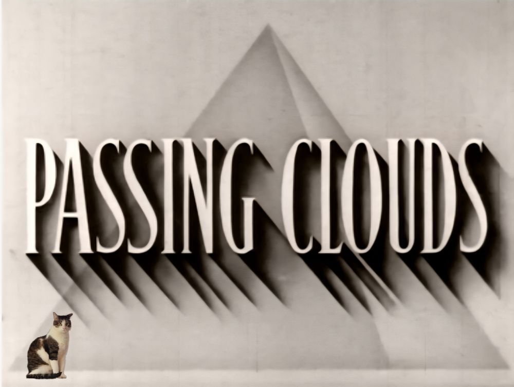 Title of the movie Passing Clouds. A pyramid is behind the words and a tabby-and-white cat has been photo edited in at the bottom left. 