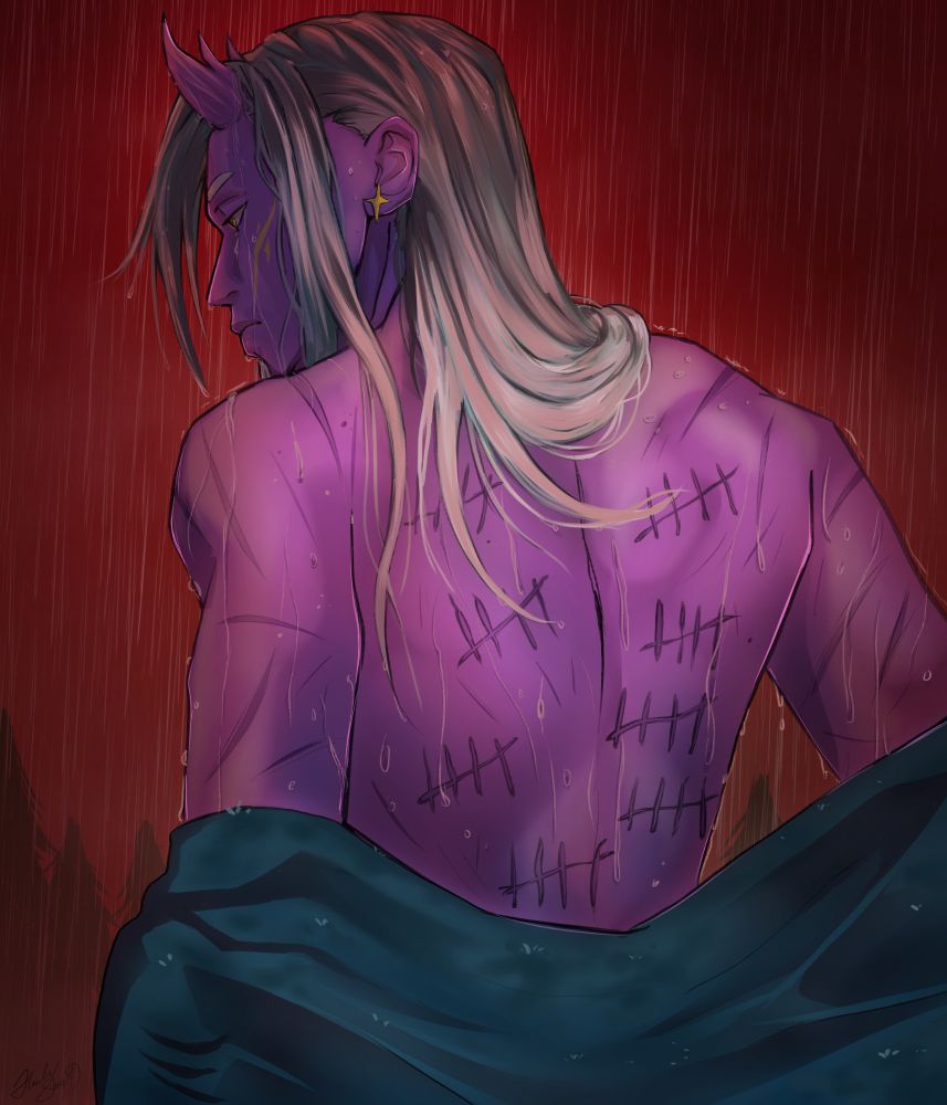 Purple tiefling character (dnd) in the rain, revealing his deep scars that look long-healed. Who did this to him and why...?