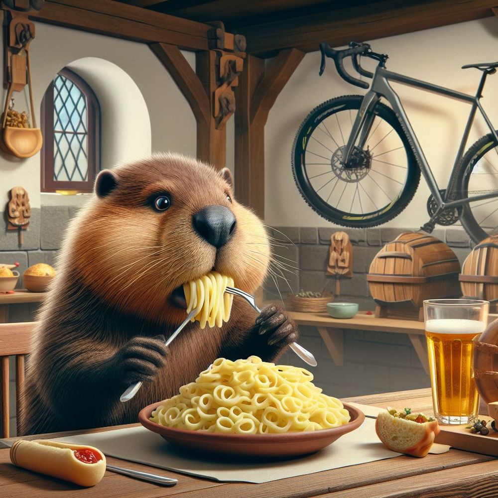 Bild von einem Bieber mit backen voller Spätzle, der in einer mittelalterlich eingerichteten bieberburg am Tisch sitzt und mit einer Gabel Spätzle mit Soß isst. An der Wand hängt ein Gravelbike.