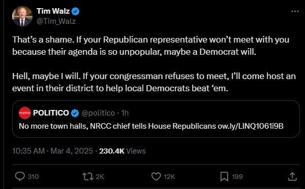 That’s a shame. If your Republican representative won’t meet with you because their agenda is so unpopular, maybe a Democrat will. 

Hell, maybe I will. If your congressman refuses to meet, I’ll come host an event in their district to help local Democrats beat ‘em.
Quote
POLITICO
@politico
·
1h