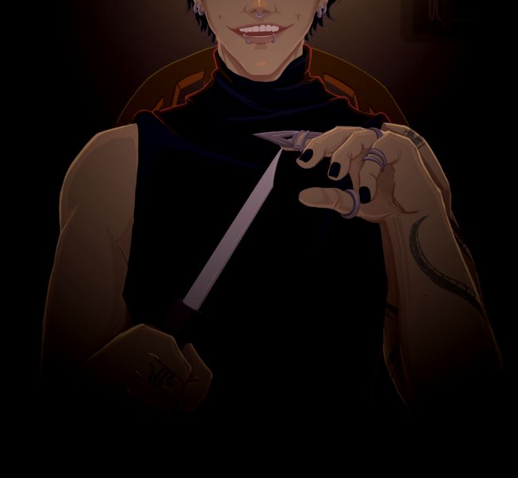 A man sitting in a chair in a dark room, holding a knife in his right hand with his left hand touching the tip of the knife with his pointer finger.