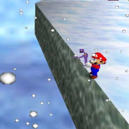 Super Mario from Mario 64 on cool cool mountain holding purple guy from five nights at freddy's over the edge of a cliff, no doubt scared out of his mind.