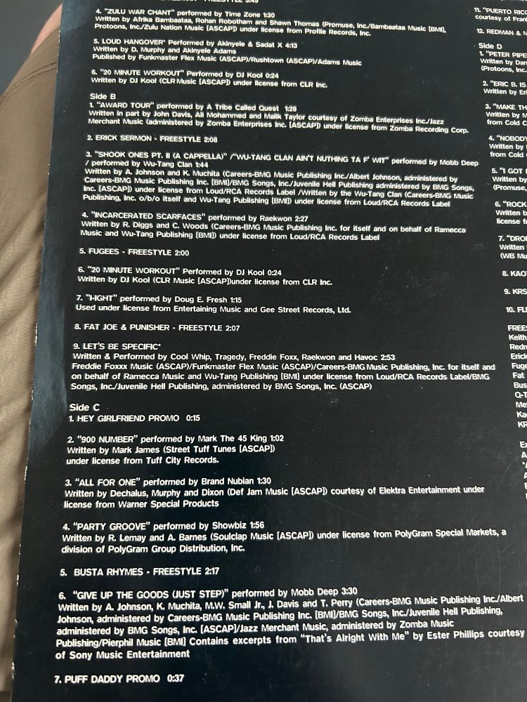 Track list of side B of Funkmaster Flex: the Mix Tape Volume 1. It features a lot of great hip hop tracks.