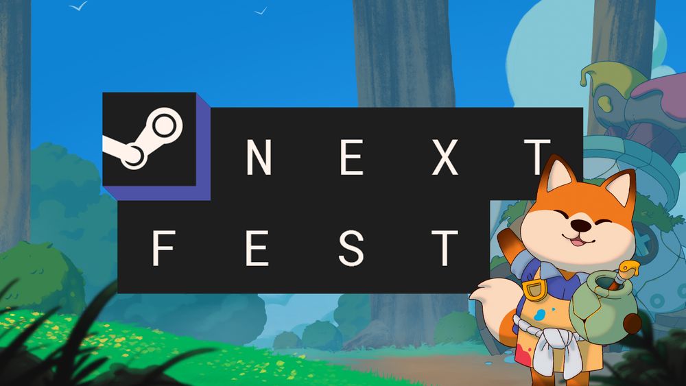 piece by piece promotional image for steam next fest showing our main character, a fox named Oku waving to the audience.