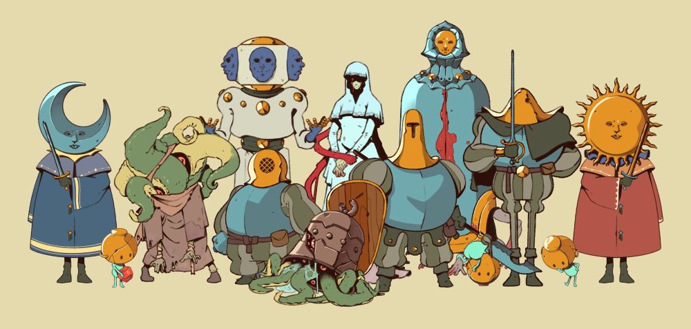 A geoup of character designs for the eternal tower. A range of weird to very weird as you progress further up or down from the entrance level called the pivot.