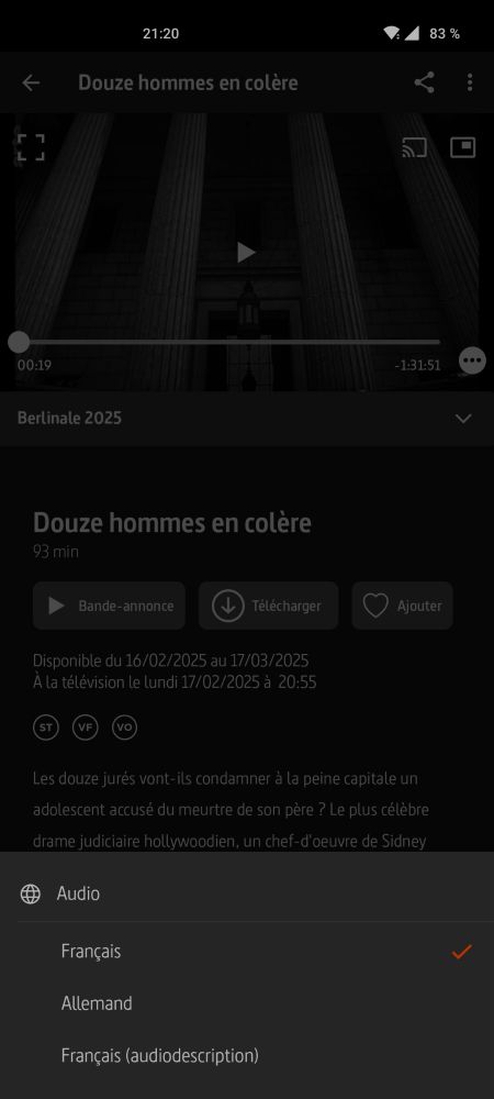 Copie d'écran de l'application arte montrant la liste des pistes audio pour un film US.