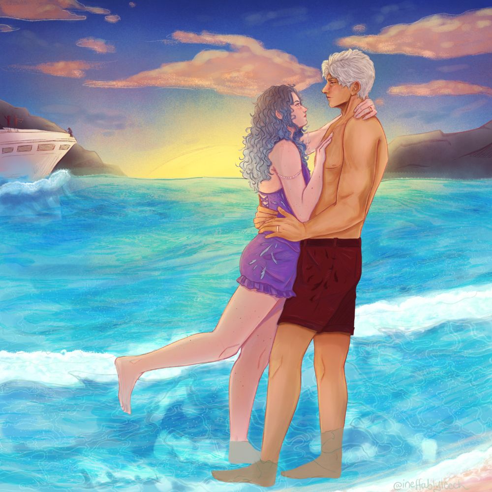 sylus shirtless in red shorts with black feathers on the side and my mc in a purple swimsuit with blue feathers on the side. they are standing on water with a sunset in the background. in the distance there is a boat with two figures (luke and kieran) and mephisto.