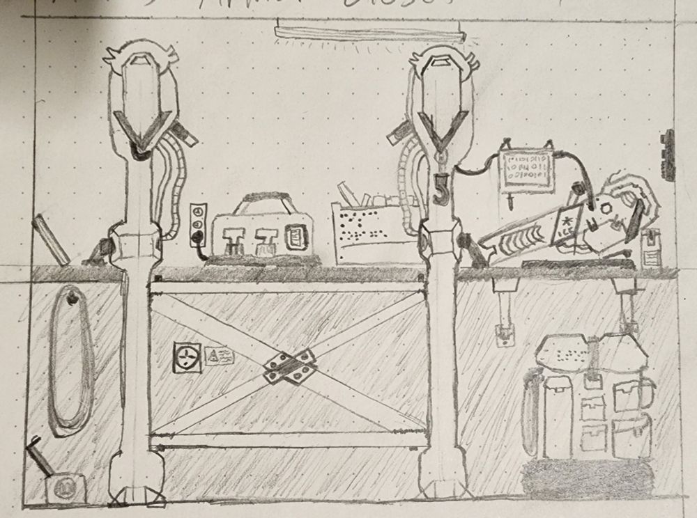A hand-drawn depiction of a ship's cargo recess, taken over by cluttered equipment. The space is dominated by a large power armor rack constructed from the salvaged claws of a Lore Guardian. A Hailcannon rests on an ammunition box, hooked up to a diagnostic tablet. A Bouyant pack sits underneath the table as well, packed neatly. There's a battery charger, Solar sheeting, and a box of assorted parts resting on the table as well.