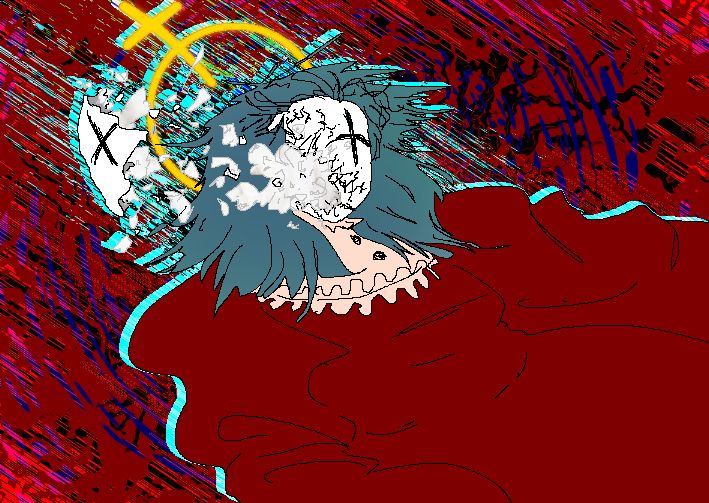 digital art depicting a porcelain doll getting its face blown off, revealing cotton underneat the shell. the background is psychedelic