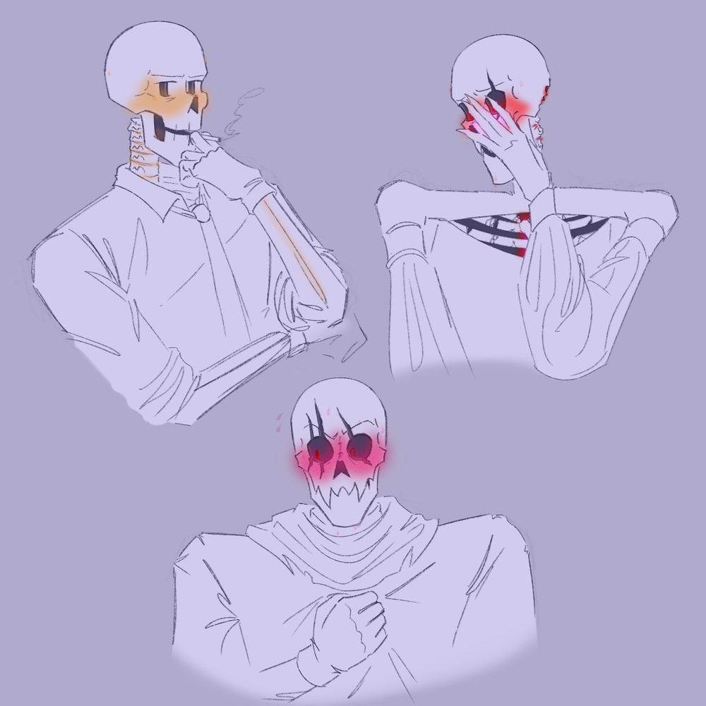 three bust sketches of my mafiaswap, lovefell, and outerfell papyruses all blushing brightly looking flustered. Luck, mafiaswap, is scowling and looking away while raising his cigarette to his teeth. Lace, lovefell, is looking away and trying to cover his face with one hand. Antares, outerfell, is looking away and gripping the front of his jacket