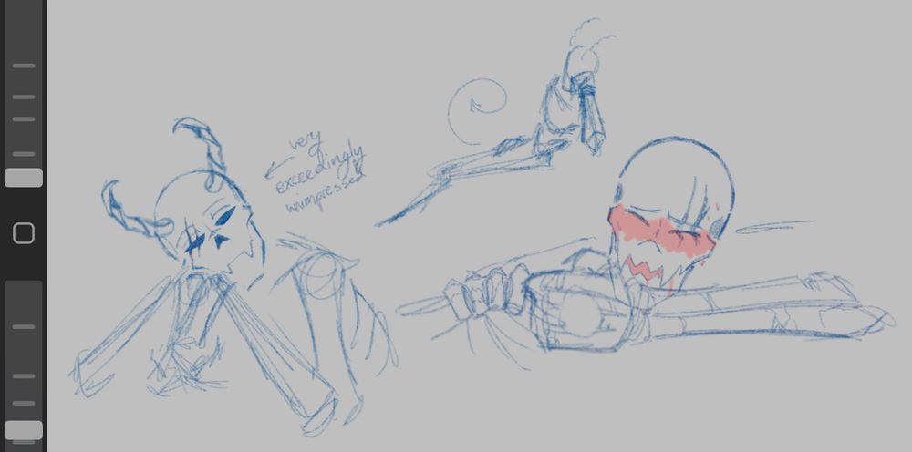 Three sketches, two of a succubus version of my fell variant papyrus Lace, with twisting horns that curl back over the top of his head, and the third of uf papyrus lying on his chest with his head raised, making a suggestive expression while he grips the sheet under him