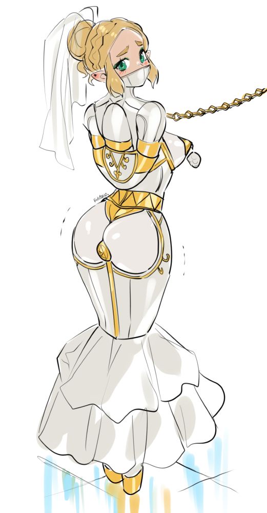 She was huffing as she trotted along as best she could, not that it was easy. She had been dressed up quite a lot, make up, a fancy hairdo, & a beautiful dress. Her new master wanted her dolled up for their "wedding". Zelda would voice her protest if she could, but the phallic inside of her gag kept her good & quiet as she slowly moved down the aisle.
Desperately she looked around, hoping to see something, anything, that would let her escape the predicament she was in. But there was nothing, Silenced by her gag, hobbled by the dress & boots, arms restrained by the unyielding binder, & her resistance controlled by the clamps & toys that came along with her dress. There was no escaping her fated wedding, hobbling along as the chain pulled her towards her inevitable destination at the altar..!