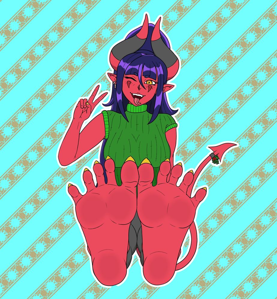 Synth, a red demon woman with purple hair and a tail, is showing off her feet while while the peace sign and winking.