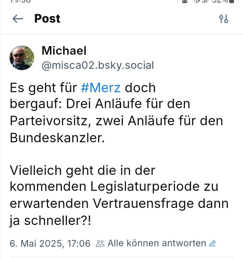 Skeet: Ers geht doch für Merz bergauf: Drei Anläufe für den Parteivorsitz, zwei Anläufe für den Bundeskanzler. Vielleicht geht die in der kommenden Legislaturperiode zu erwartenden Vertrauensfrage dann ja schneller?! 