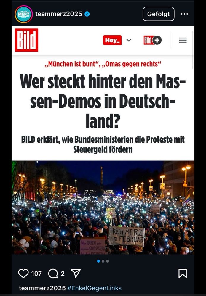Screenshot einer Bild Schlagzeile: "Wer steckt hinter den Massen-Demos in Deutschland? Bild erklärt, wie Bundesministerien die Proteste mit Steuergeldern fördern"