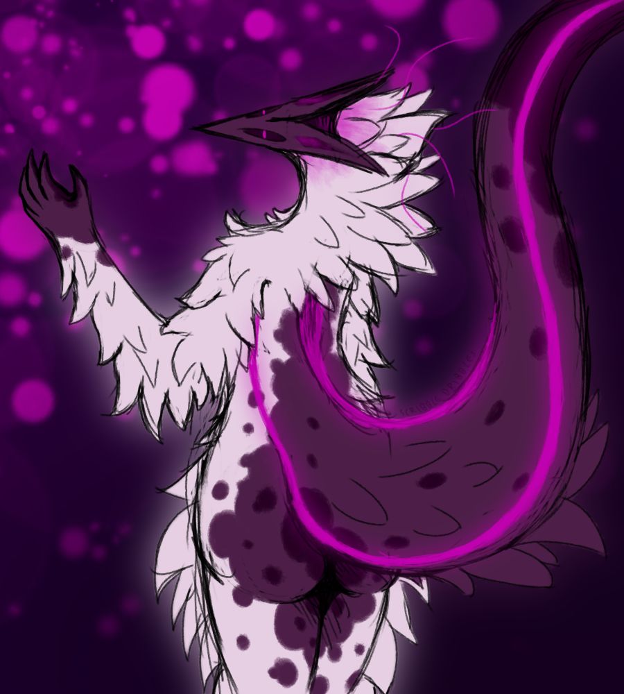 sketch portraying Uro yet again, this time showing off his rear side. They have a pointy, triangular head and a long tail which are colored dark purple, with some splotches here and there. The rest of his body, excluding their rear, back and hands are white... Their body is quite fluffy, and glowing purple stripes are visible going along their back and top of the tail, as well as sides of their torso and the tail.