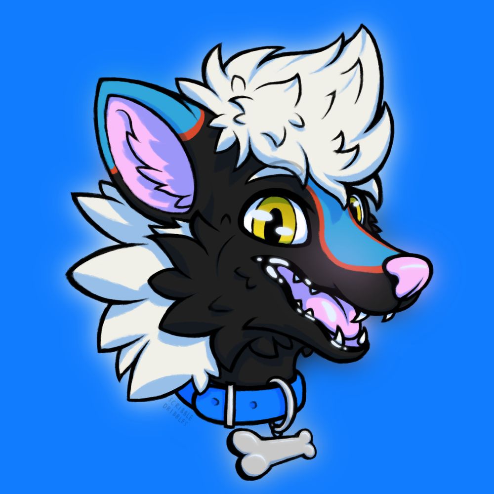 Icon portraying a skunk character with white hair and fluff on the back of their head, with a blue stripe going along the top of their snout and ears, separated from the main color by a thinner red stripe.